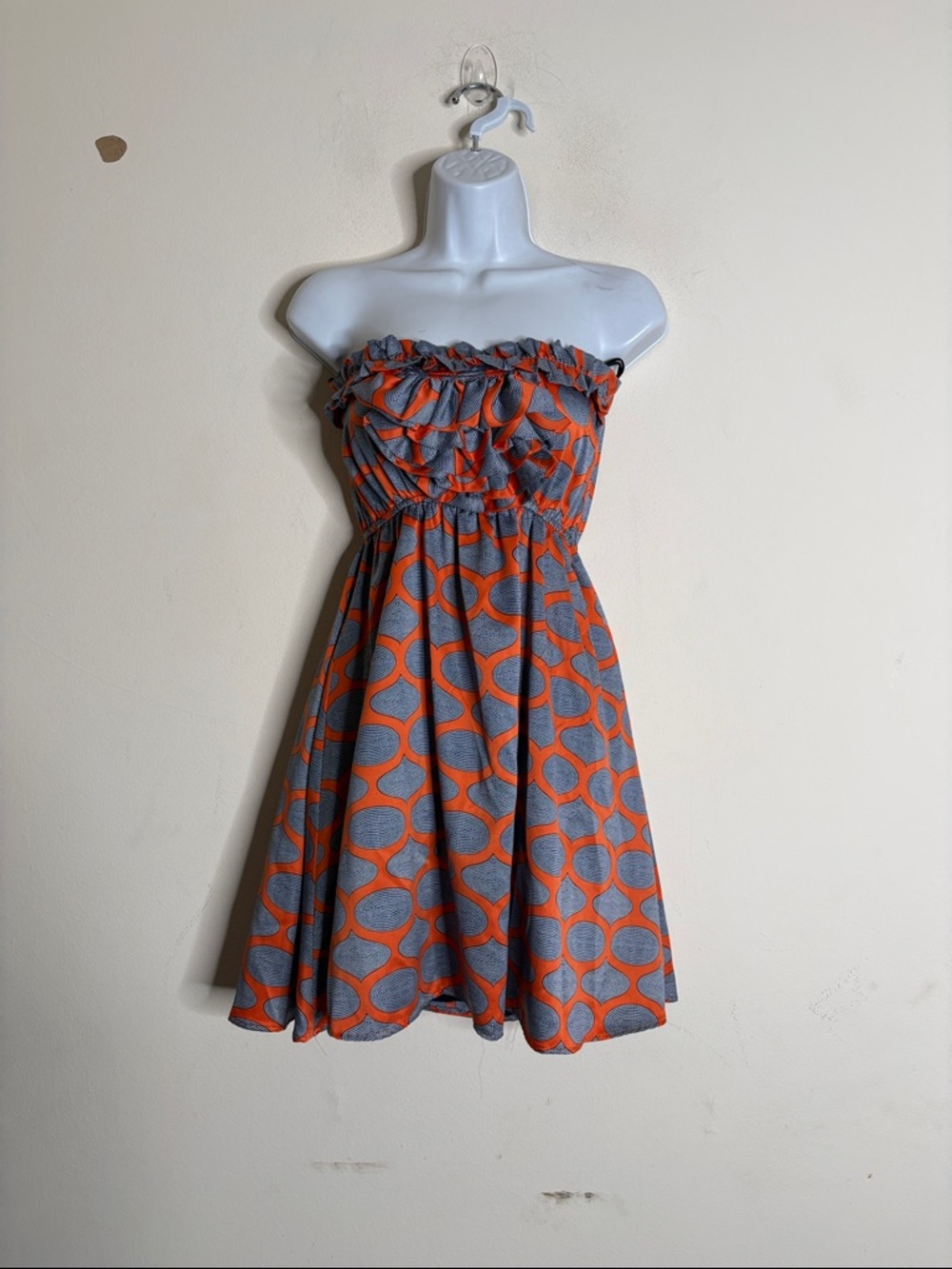 Judith March Strapless Gray & Orange Geometric Sundress